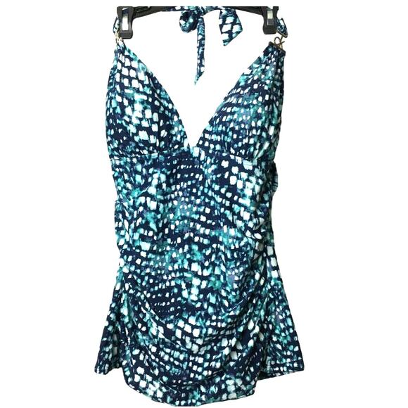 Calvin Klein Printed Halter Tankini Swim Top Navy BLUE V-Neck X-Small XS NWT $88 - Picture 7 of 7